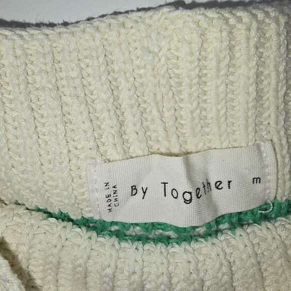 By Together Striped Knit Sweater Vest M Cream & Green Cotton Mock Neck Preppy - Picture 4 of 5